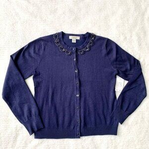 New Ladies Beaded Crewneck Cardigan In Navy